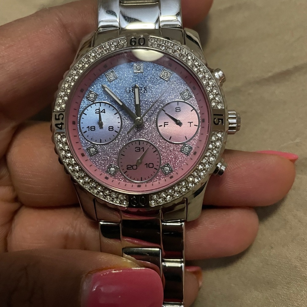 Pink, Blue, and Silver Guess Watch